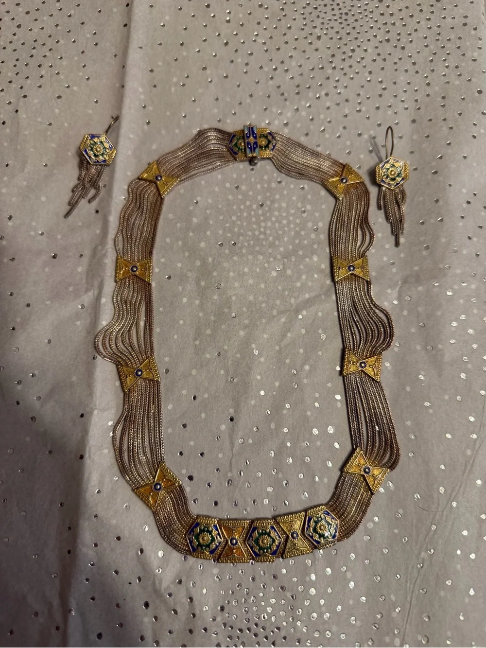 VTG TMC 925 Sterling Vermeil Enamel Multi Strand Necklace Earring Set